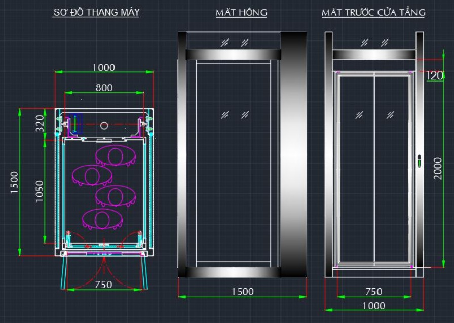 Kích thước bảng vẽ thang máy gia đình 200kg